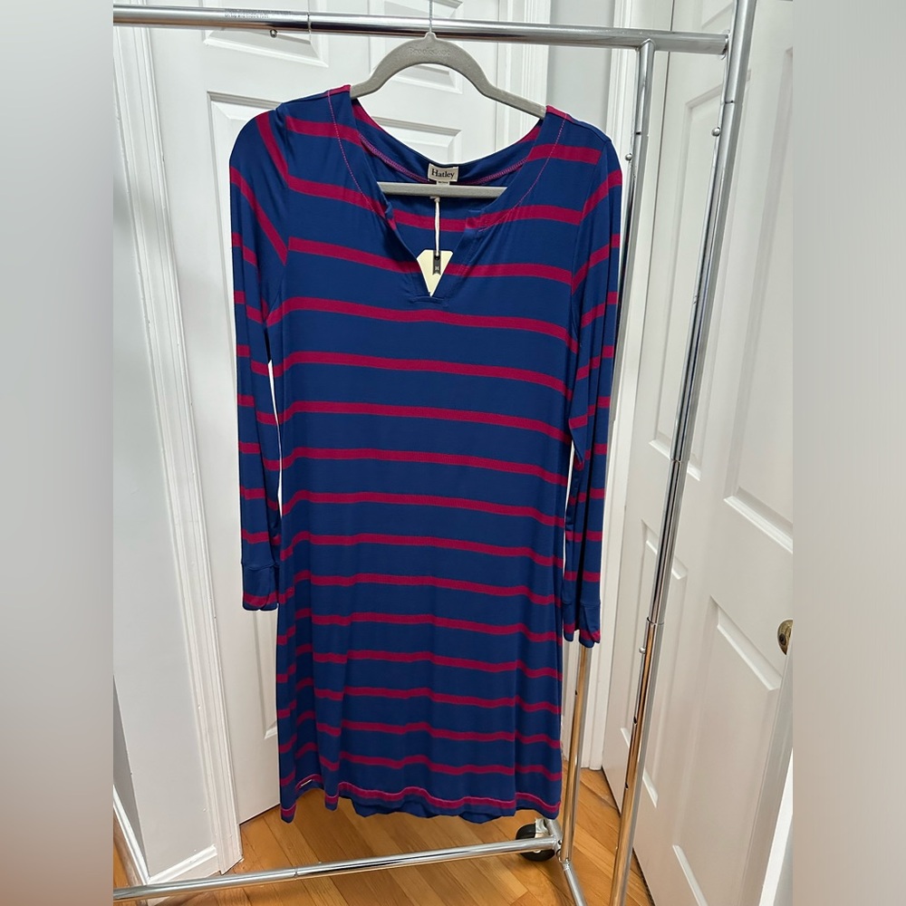 HATLEY Long Sleeve Peplum Dress - Navy & Lush Berry Stripes - Medium